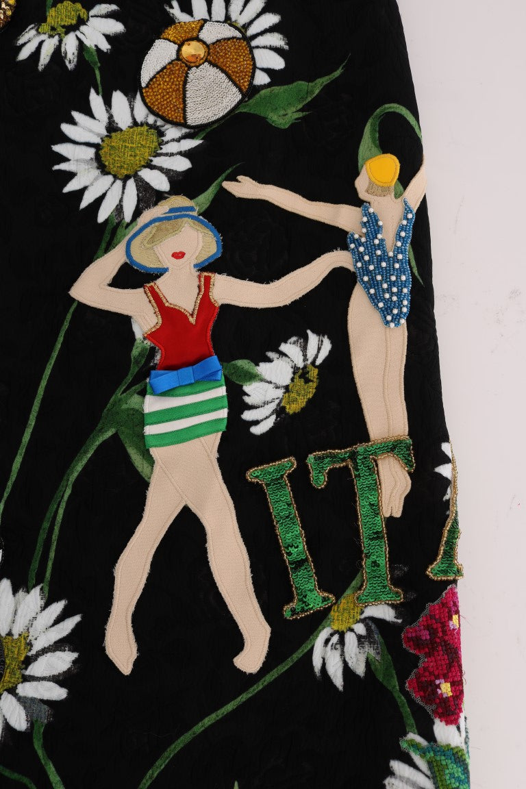 Dolce & Gabbana Schwarzer verzierter Gänseblümchen-Brokat-Rock