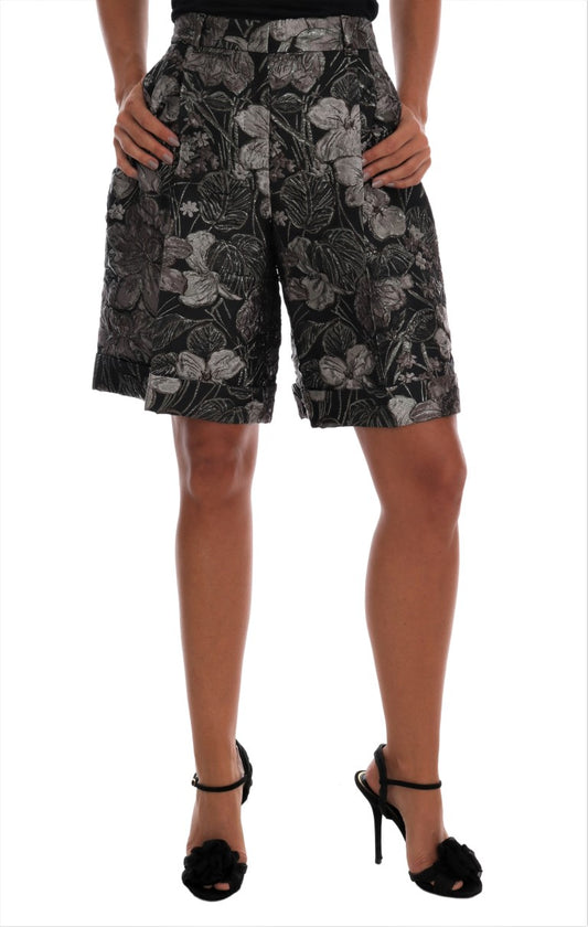 Dolce & Gabbana Graue Brokat-Shorts mit hoher Taille und Blumenmuster