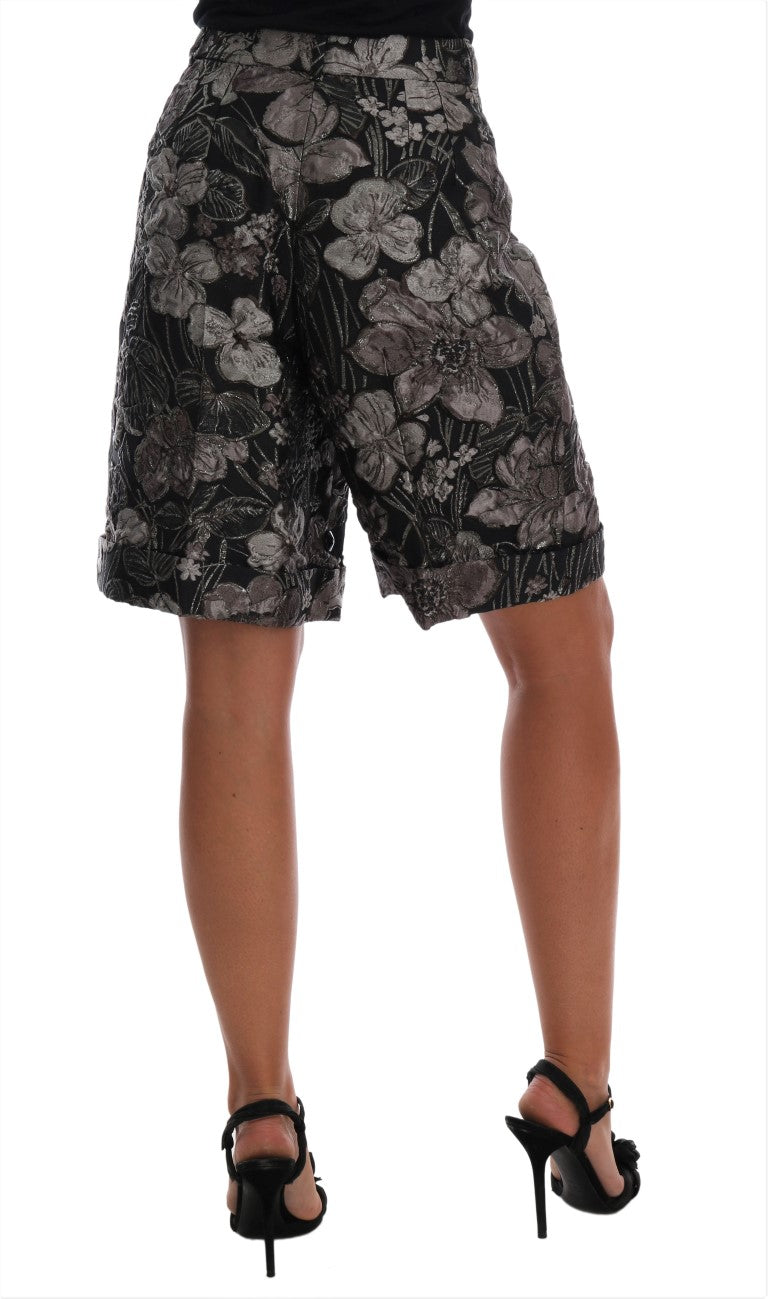 Dolce & Gabbana Graue Brokat-Shorts mit hoher Taille und Blumenmuster