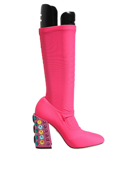 Dolce & Gabbana Rosa Nylon Kristall Vally Hohe Stiefel Schuhe