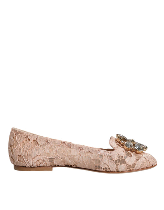Dolce & Gabbana Beige Spitze Kristall Ballett Flats Loafers Schuhe