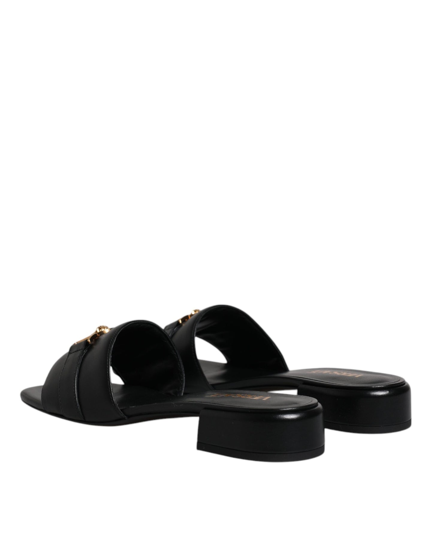 Versace Schwarz Leder Logo Plaque Slip On Slides Flats Schuhe