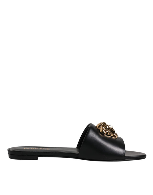 Versace Schwarz Leder Logo Plaque Slip On Slides Flats Schuhe