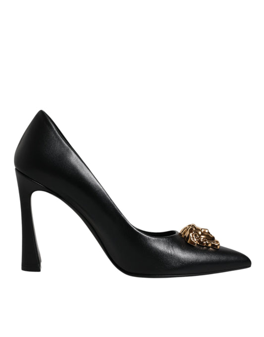 Versace Schwarz Leder Logo Plaque High Heels Pumps Schuhe