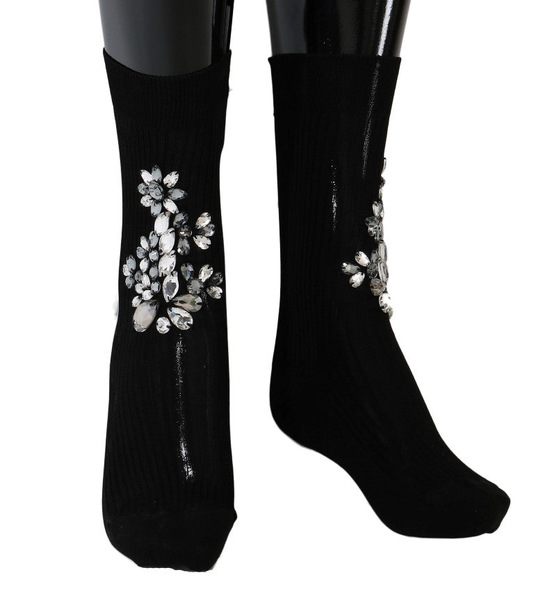 Dolce & Gabbana Schwarz gestrickt Floral Clear Crystal Socken