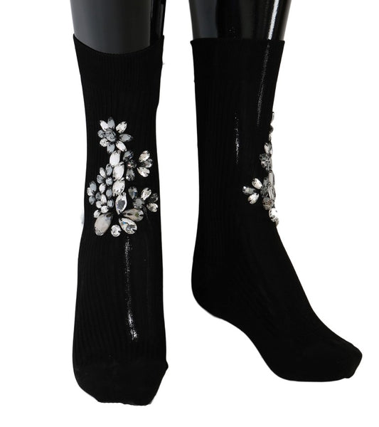 Dolce & Gabbana Schwarz gestrickt Floral Clear Crystal Socken