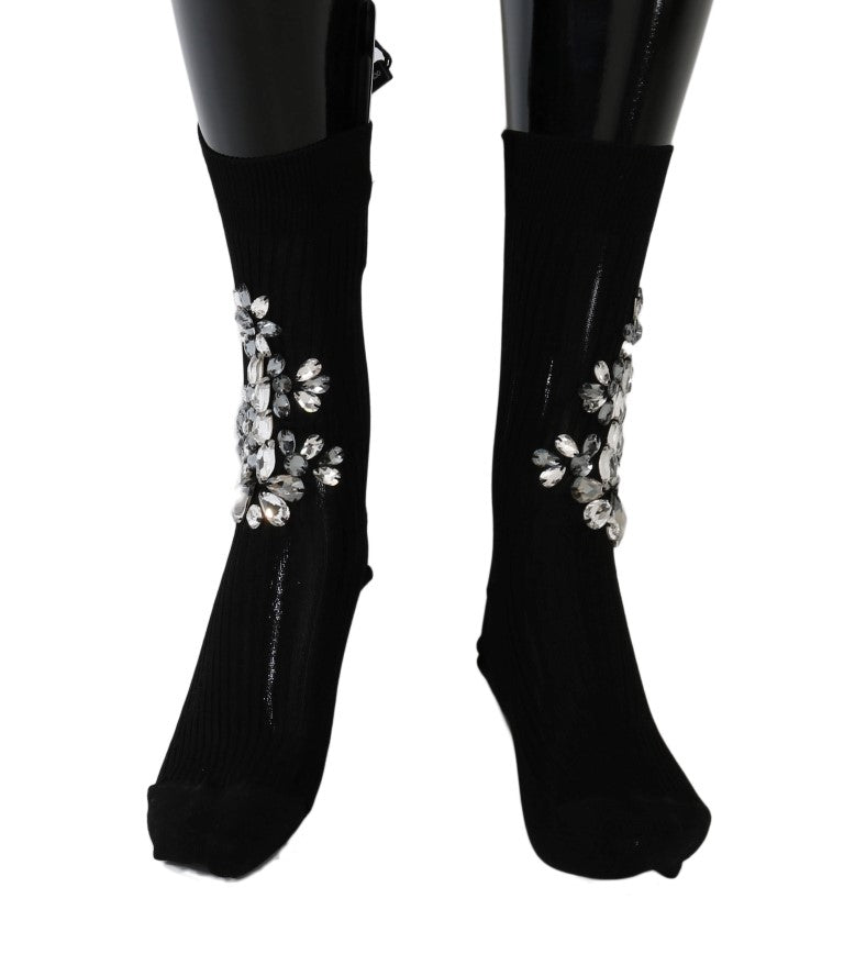Dolce & Gabbana Schwarz gestrickt Floral Clear Crystal Socken