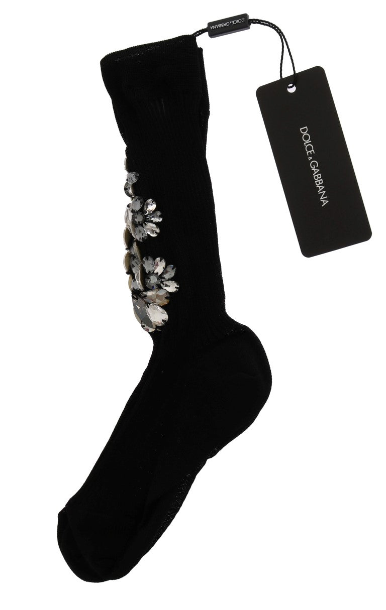 Dolce & Gabbana Schwarz gestrickt Floral Clear Crystal Socken