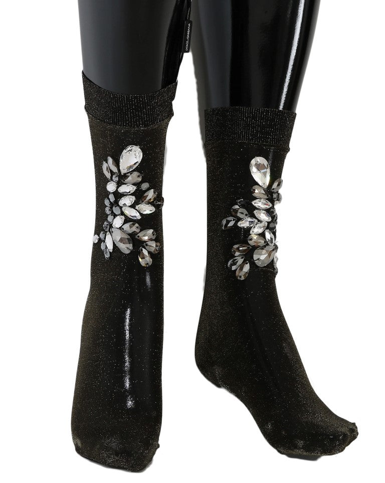 Dolce & Gabbana Schwarze Stretch Floral Socken mit klarem Kristall