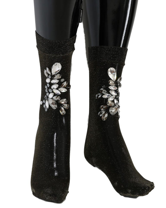 Dolce & Gabbana Schwarze Stretch Floral Socken mit klarem Kristall