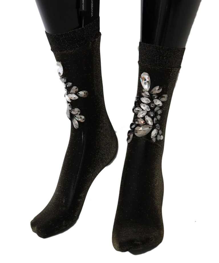 Dolce & Gabbana Schwarze Stretch Floral Socken mit klarem Kristall