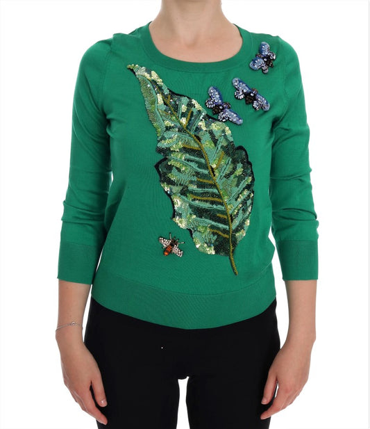 Dolce & Gabbana Grüner Seiden-Kristall-Bananen-Pullover