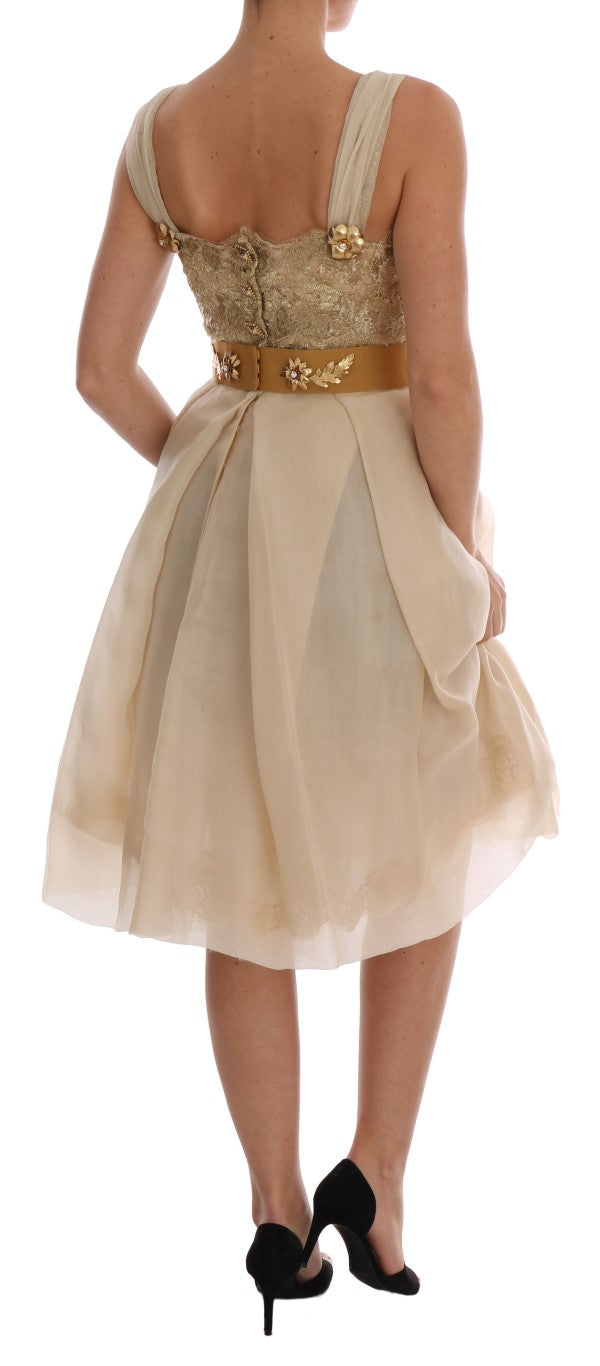 Dolce & Gabbana Goldfarbenes, kristallverziertes Seidenkleid