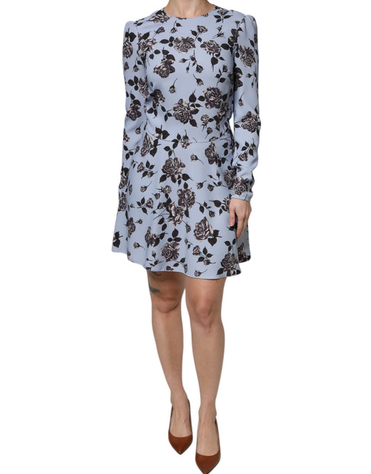 Valentino Hellblaues geblümtes Minikleid mit langen Ärmeln und A-Linie