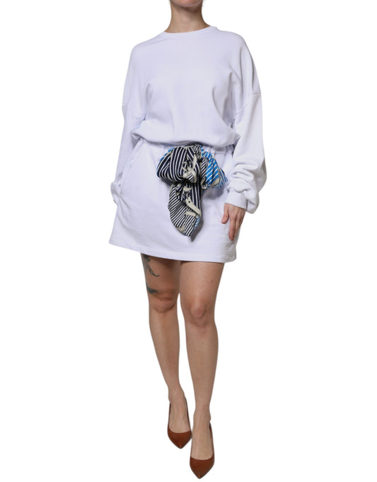 MSGM Weißes Baumwoll-Minikleid mit Gürtel und langen Ärmeln und Rundhalsausschnitt
