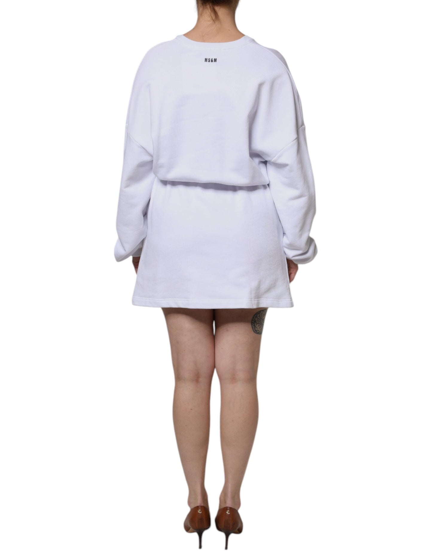 MSGM Weißes Baumwoll-Minikleid mit Gürtel und langen Ärmeln und Rundhalsausschnitt
