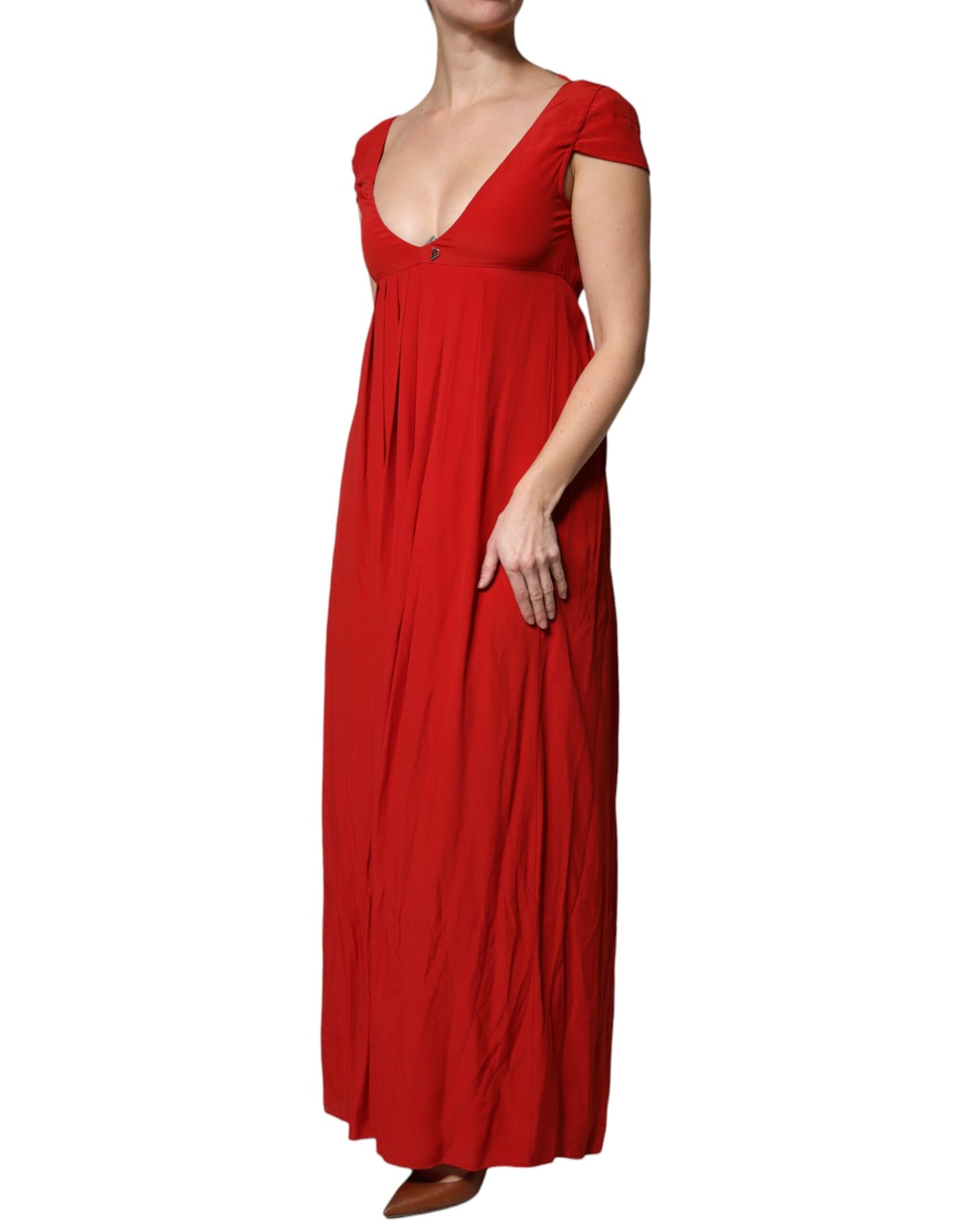 Dondup Rotes Acetatkleid mit kurzen Ärmeln und tiefem Ausschnitt Maxikleid
