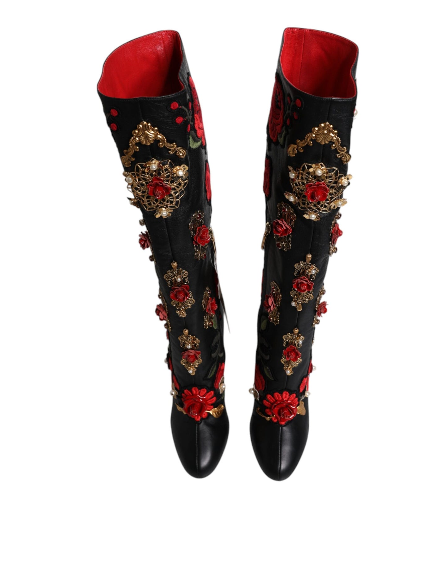 Dolce & Gabbana Schwarz Rosen verschönert Lederabsatz Stiefel Schuhe