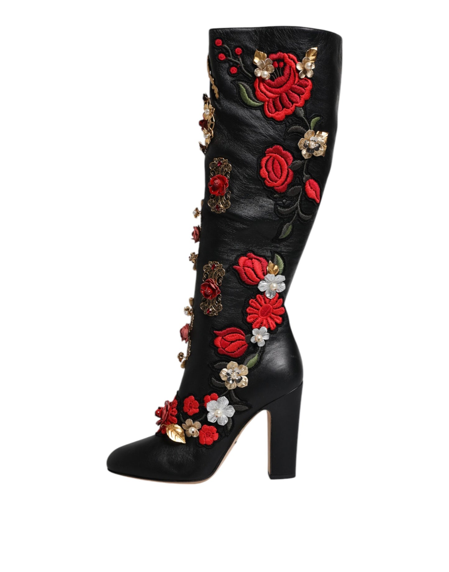 Dolce & Gabbana Schwarz Rosen verschönert Lederabsatz Stiefel Schuhe