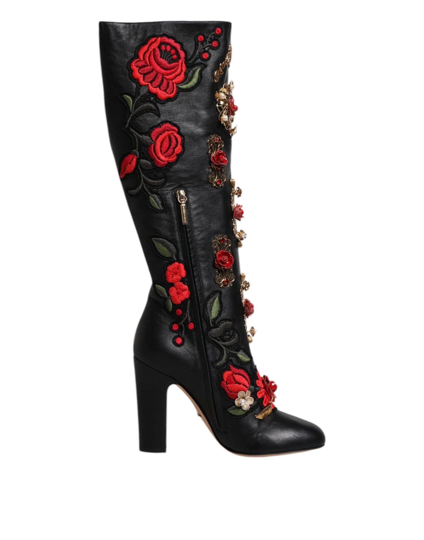 Dolce & Gabbana Schwarz Rosen verschönert Lederabsatz Stiefel Schuhe