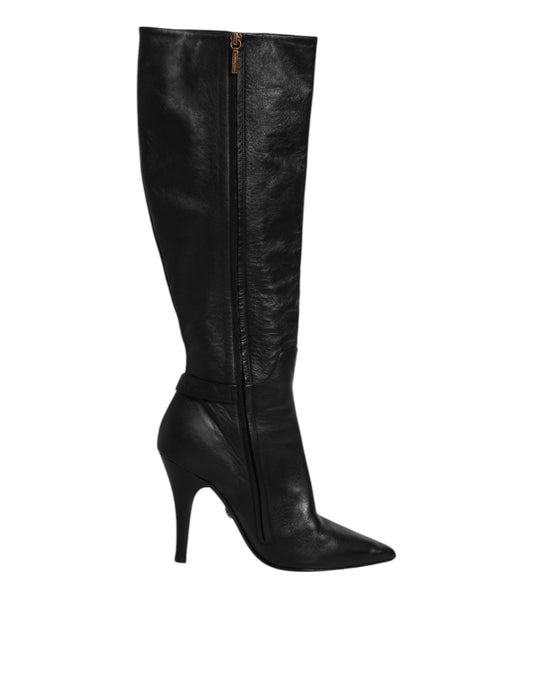 Dolce & Gabbana Schwarze Leder Absätze Kniehohe Stiefel Schuhe