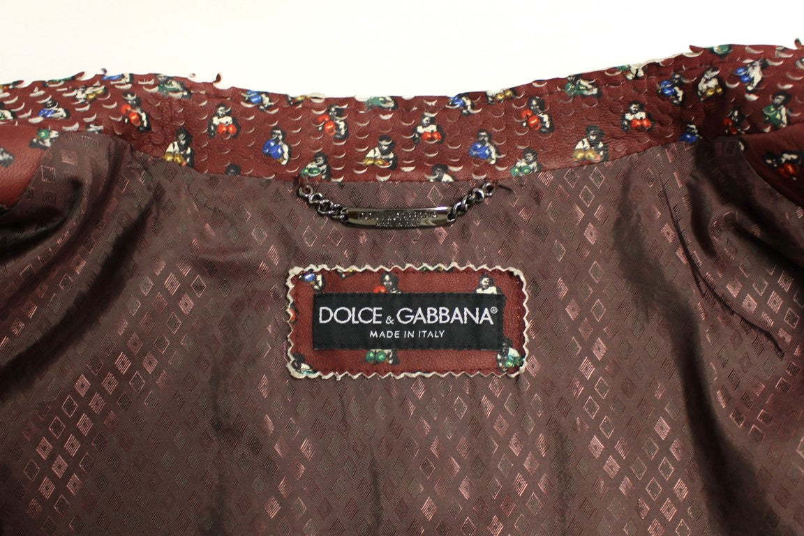 Dolce & Gabbana Bordeaux Leder Boxer Print Jacke Mantel