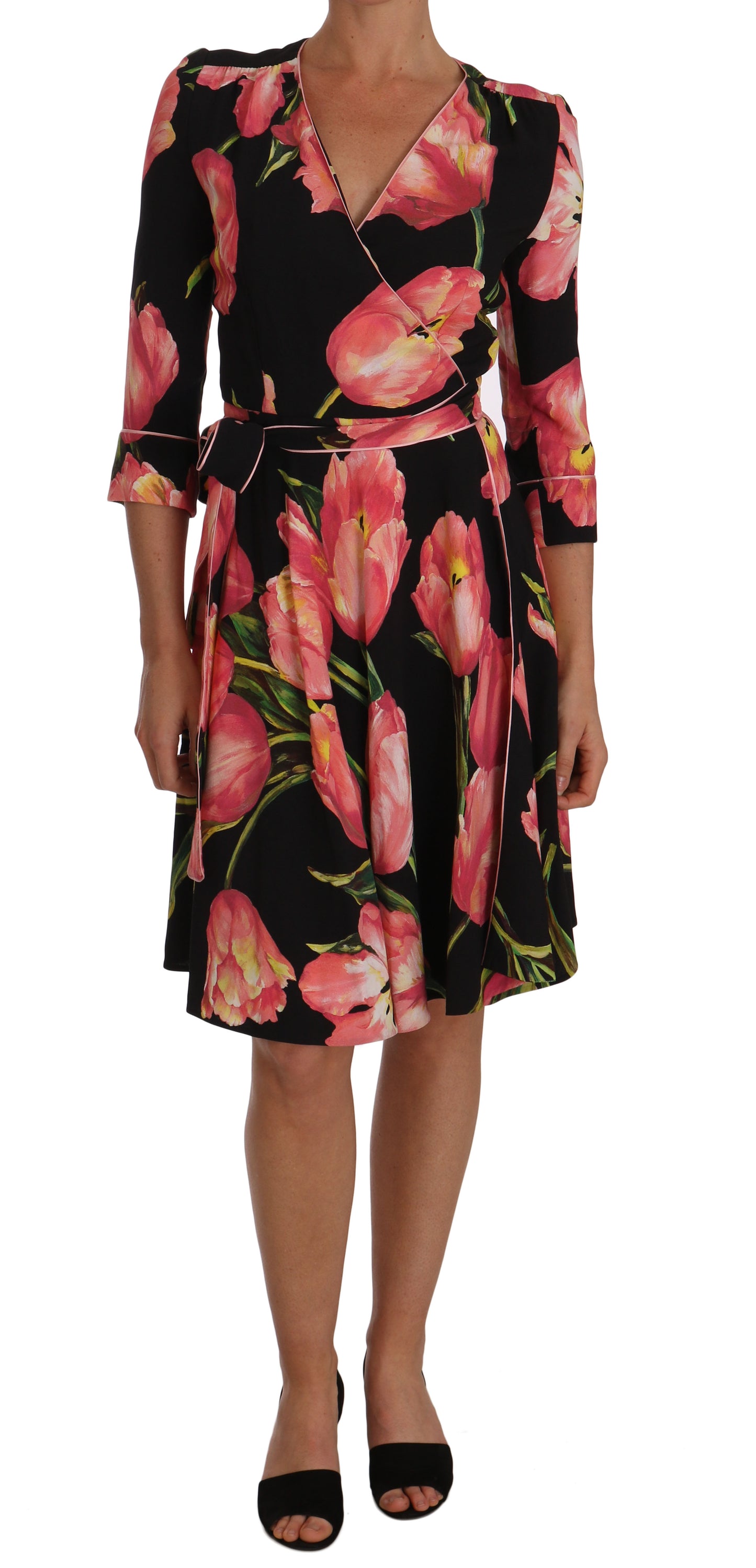 Dolce & Gabbana Schwarz-rosa Tulpenprint Stretch-Shiftkleid