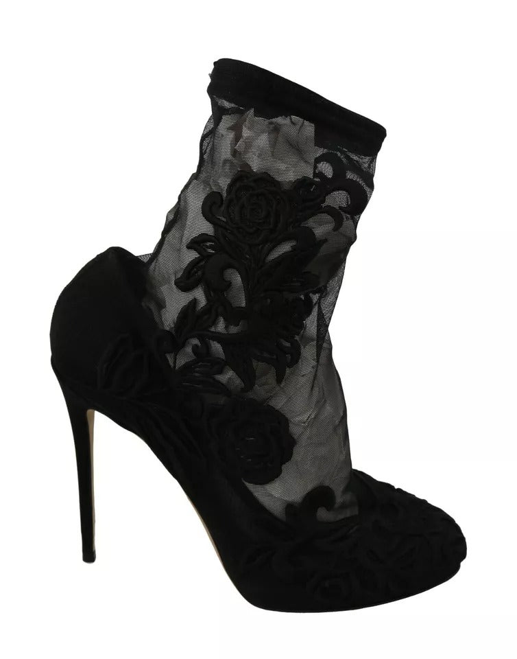 Dolce & Gabbana Schwarz Tüll Stretch Floral Booties Schuhe