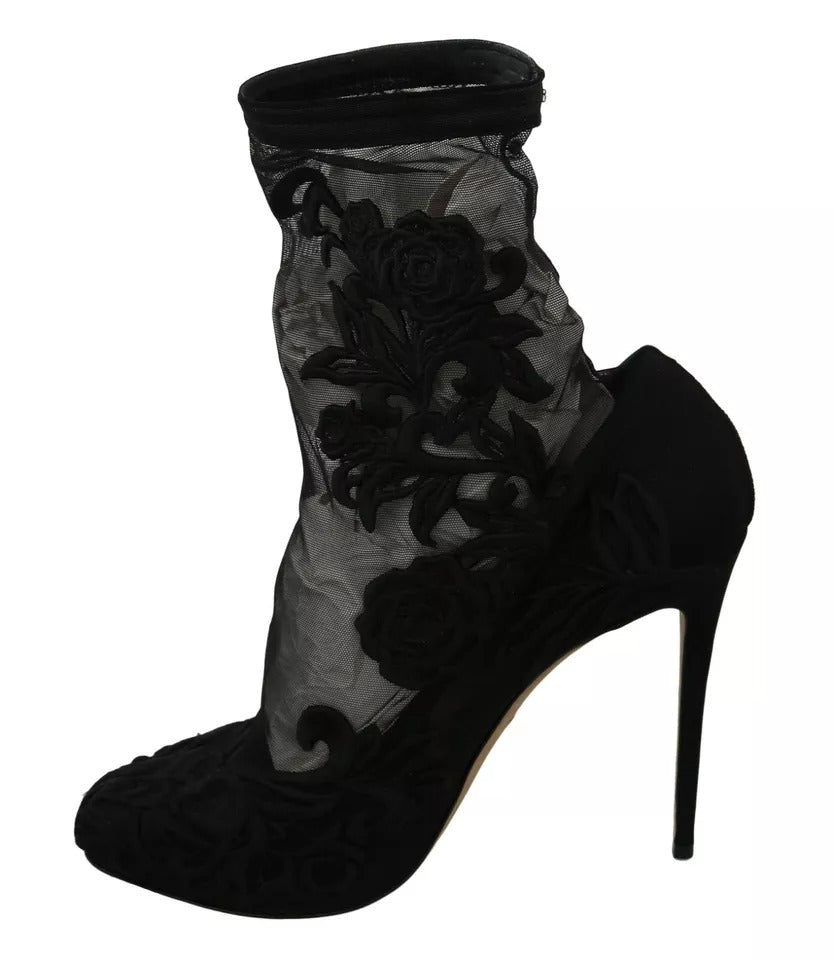 Dolce & Gabbana Schwarz Tüll Stretch Floral Booties Schuhe