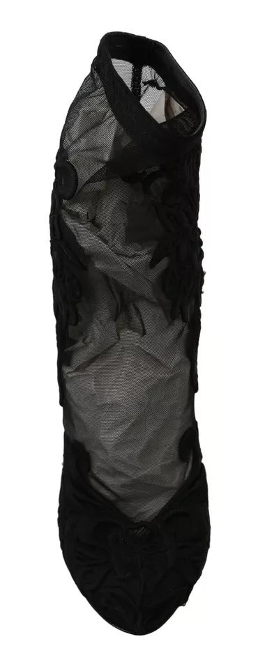 Dolce & Gabbana Schwarz Tüll Stretch Floral Booties Schuhe