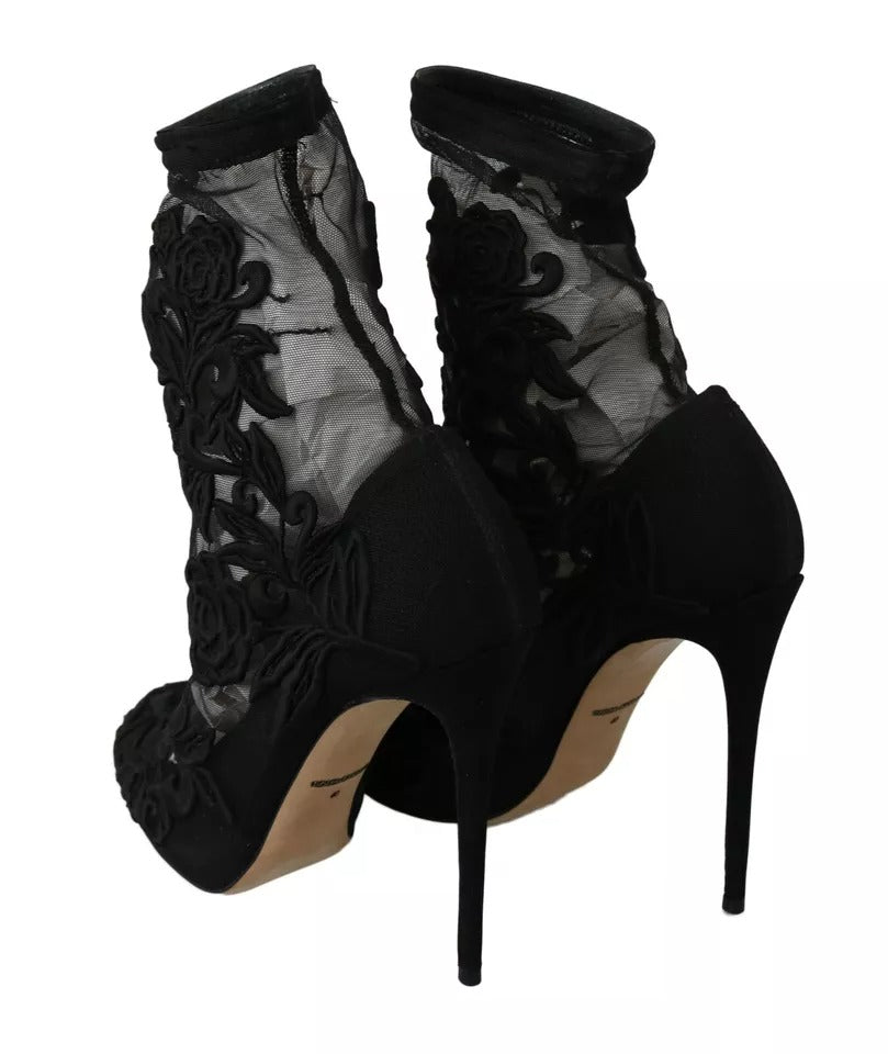 Dolce & Gabbana Schwarz Tüll Stretch Floral Booties Schuhe