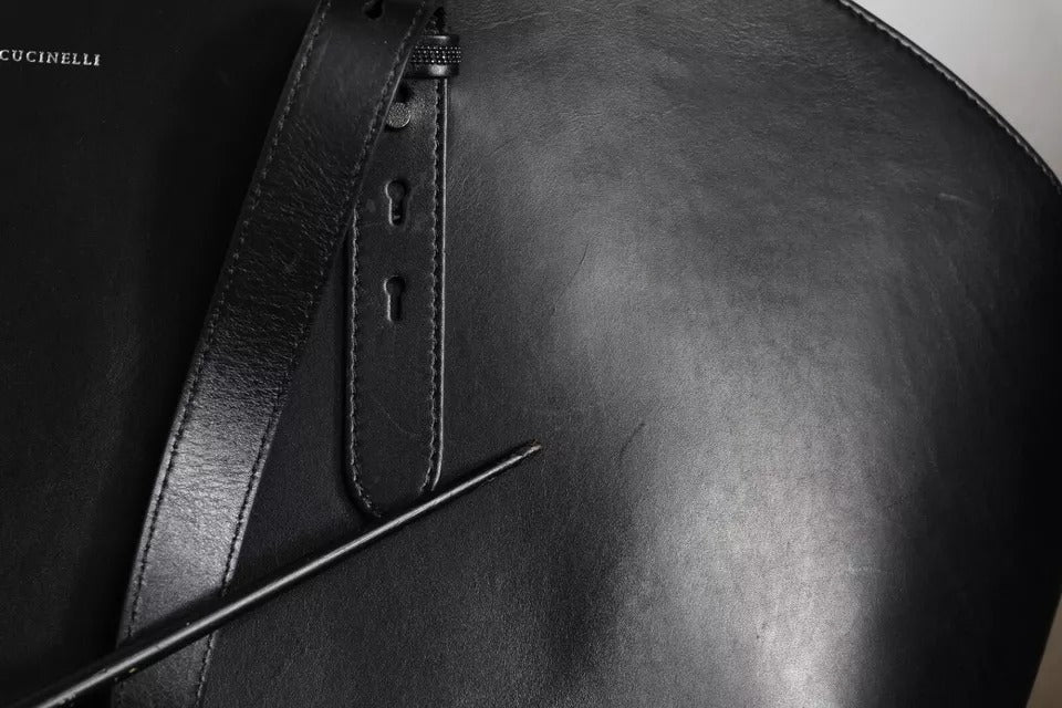 Brunello Cucinelli Schwarze Leder-Logo-Schulterriemen-Einkaufstasche