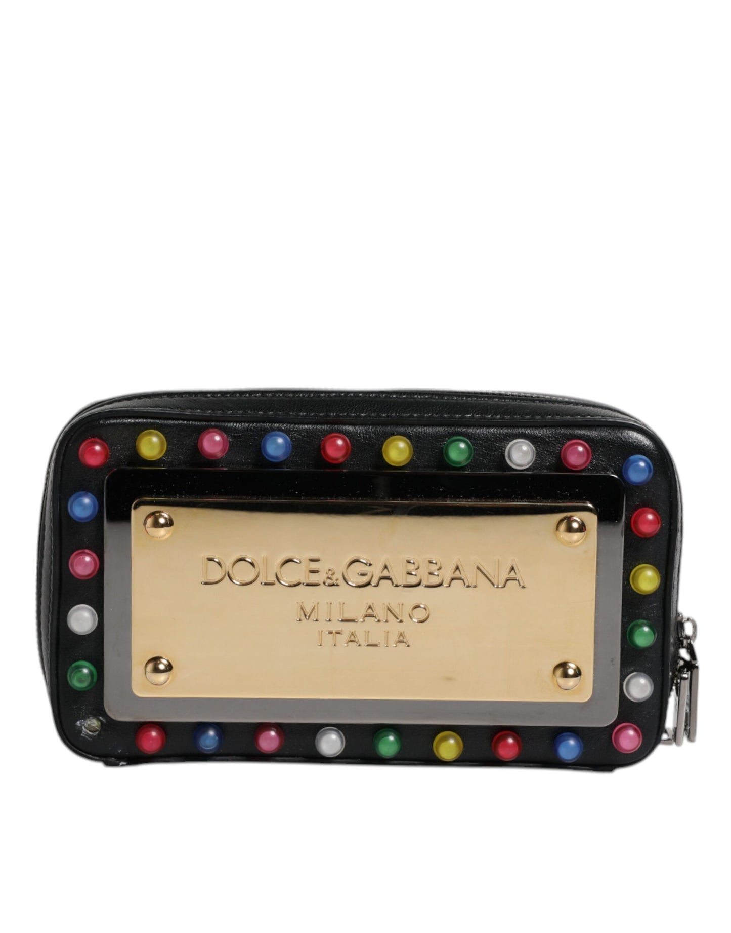 Dolce & Gabbana Schwarze Leder LED Logo Handgelenkriemen Clutch Tasche