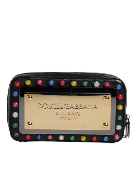 Dolce & Gabbana Schwarze Leder LED Logo Handgelenkriemen Clutch Tasche
