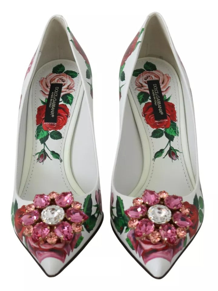 Dolce & Gabbana Weißes Leder Rosen Kristall Pumps Schuhe