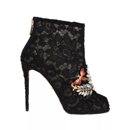 Dolce & Gabbana Schwarz Kristall Spitze Booties Stilettos Schuhe