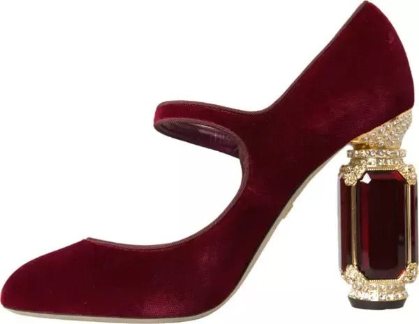 Dolce & Gabbana Rot Samt Gold Kristalle Heels Mary Janes Schuhe