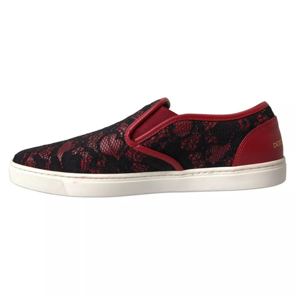 Dolce & Gabbana Schwarz Rot Spitze Slip On Low Top Sneakers Schuhe