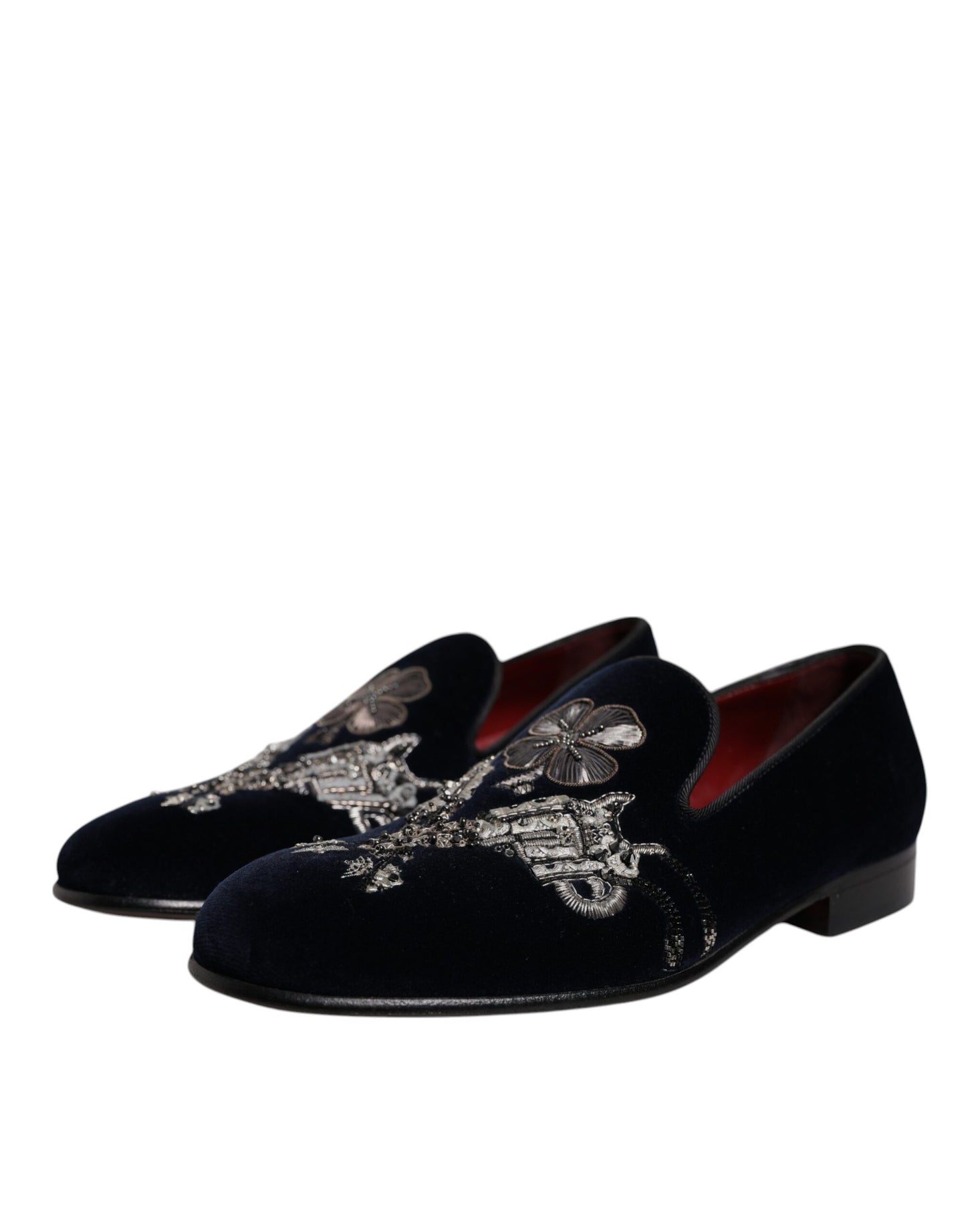 Dolce & Gabbana Schwarz Samt Floral Gun Loafers Kleid Schuhe