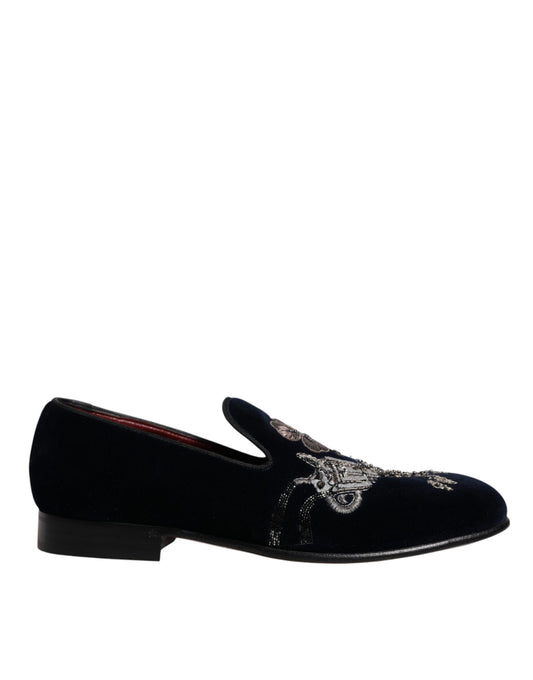 Dolce & Gabbana Schwarz Samt Floral Gun Loafers Kleid Schuhe