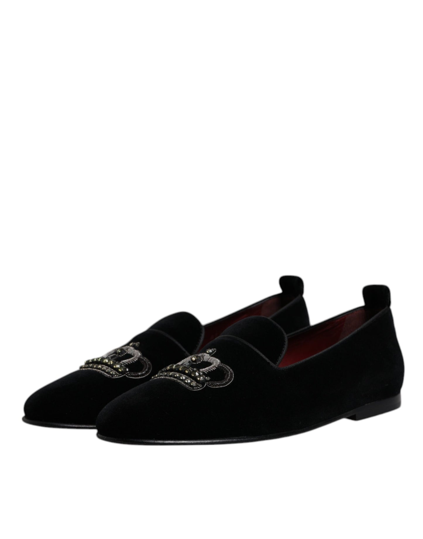 Dolce & Gabbana Schwarzer Samt Kristallkrone Loafers Formelle Kleid Schuhe