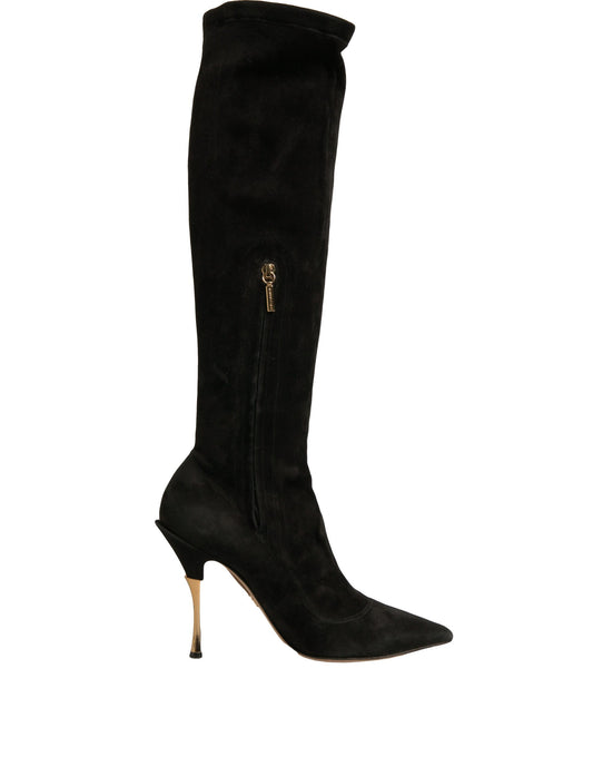 Dolce & Gabbana Schwarze Wildleder Stiletto Kniehohe Stiefel Schuhe