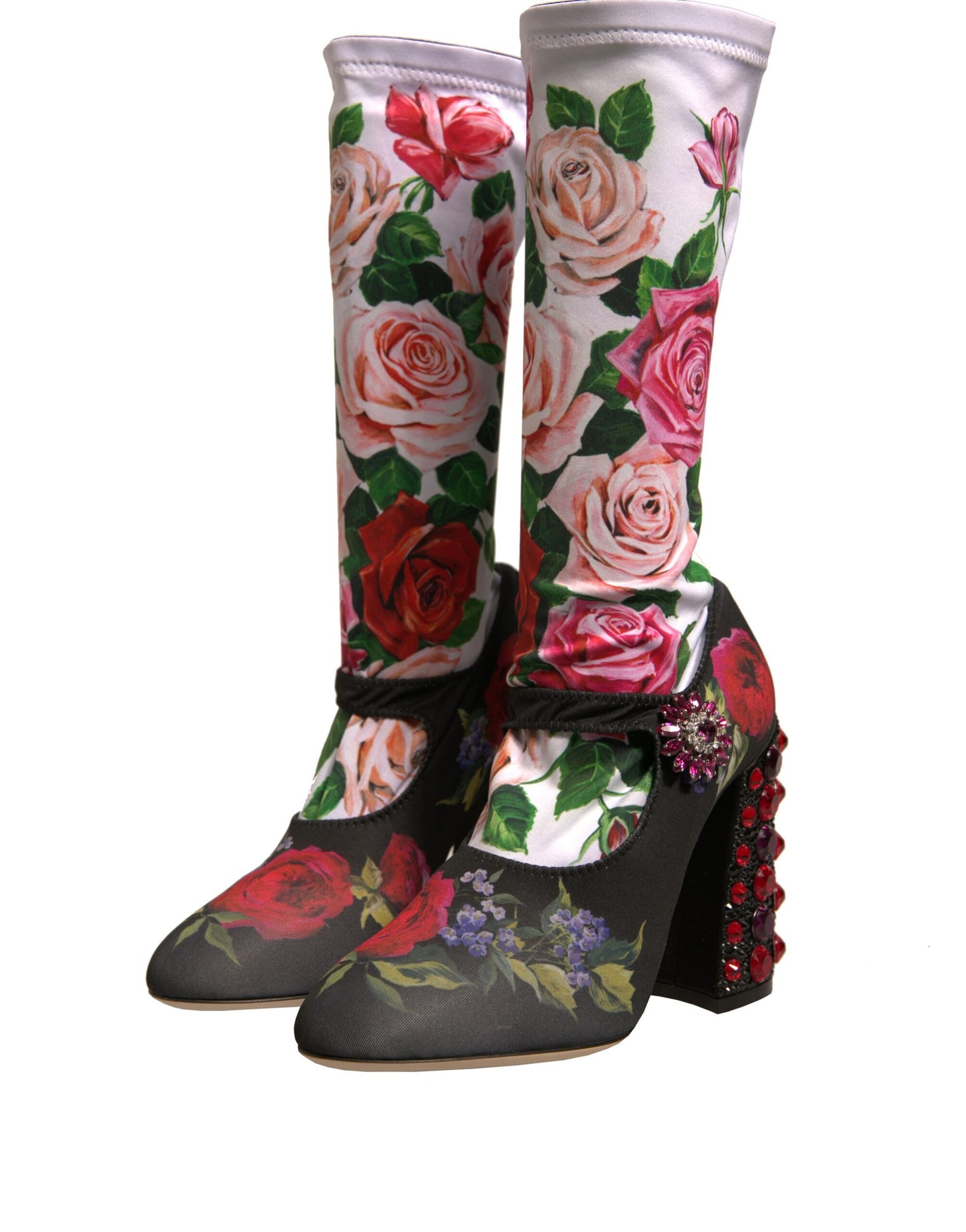 Dolce & Gabbana Schwarz Floral Socken Kristall Stiefel Jersey Schuhe