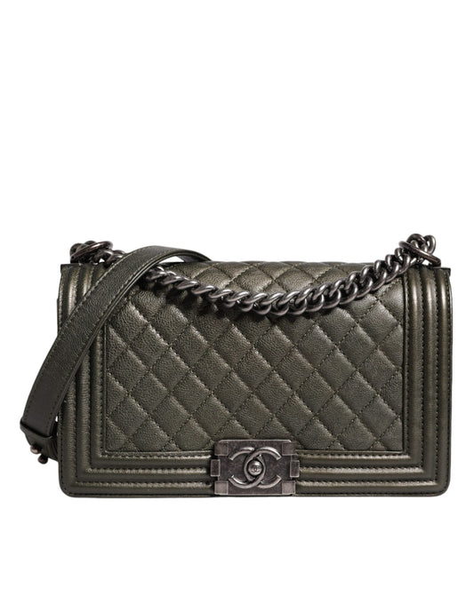 Chanel Dunkelgrüne Leder-Umhängetasche Graue Metall-Geldbörse Tasche