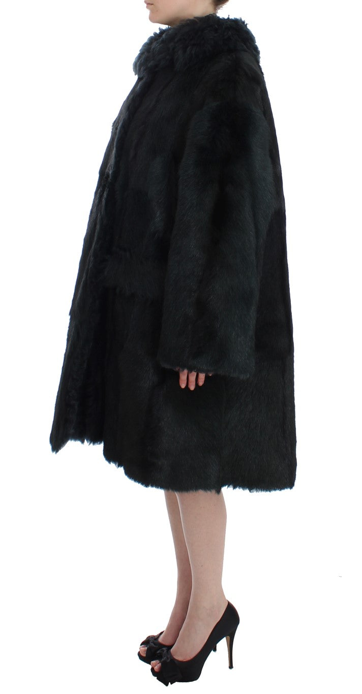 Dolce & Gabbana Schwarzer Ziegenpelz Shearling Lange Jacke Mantel