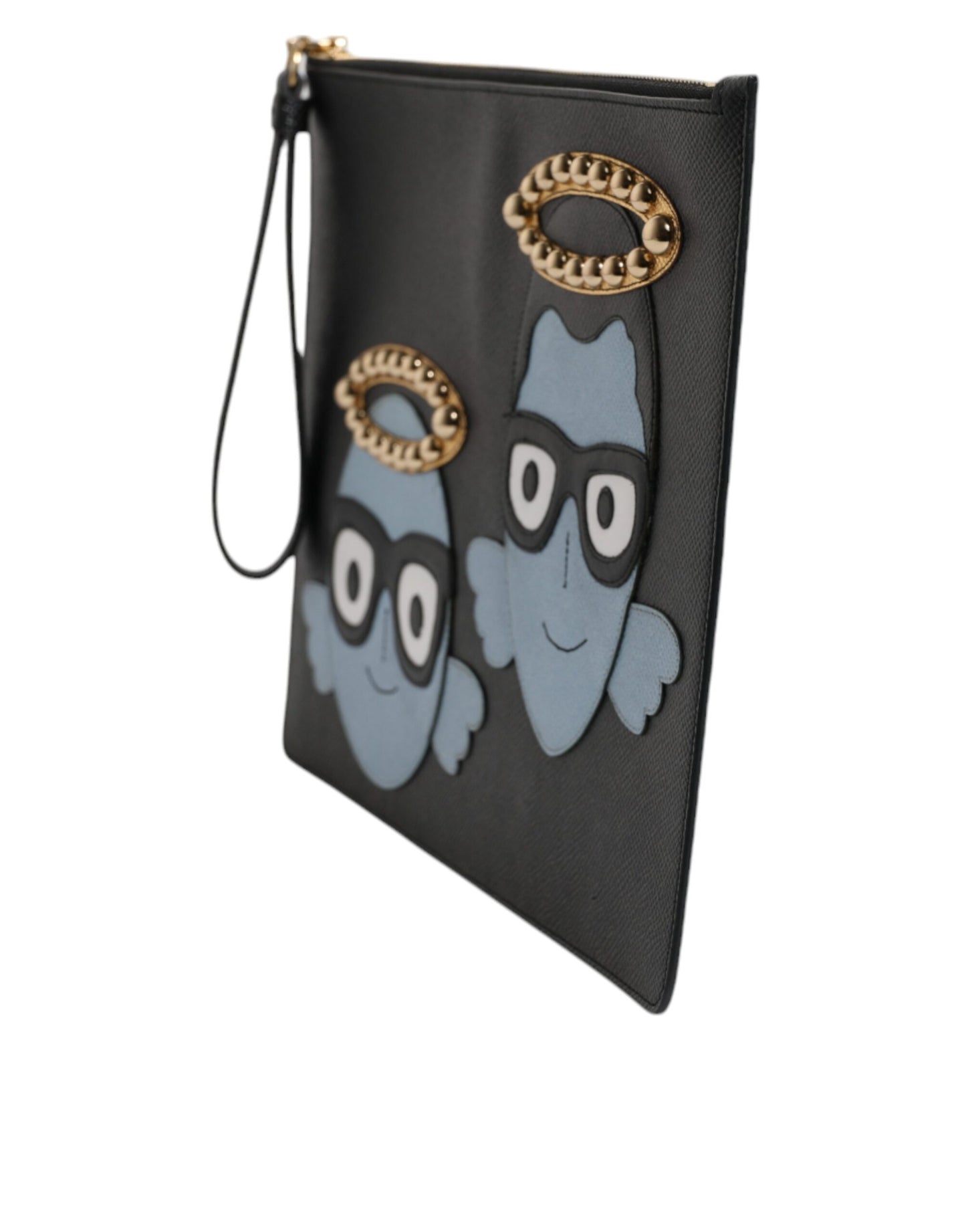 Dolce & Gabbana Schwarzes Leder #DGFAMILY verschönert Männer Zip Pouch Tasche