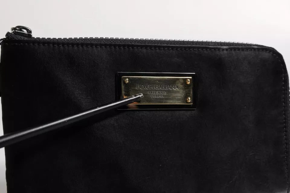 Dolce & Gabbana Schwarzes Nylon Logo Plaque Schlüsselanhänger Tasche Clutch