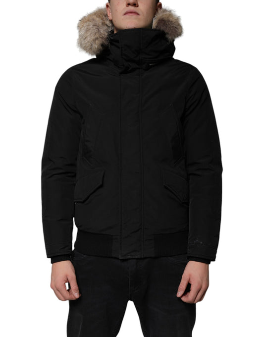 Woolrich Schwarzer Kapuzenmantel mit langen Ärmeln Pelz Shearling Mantel Jacke