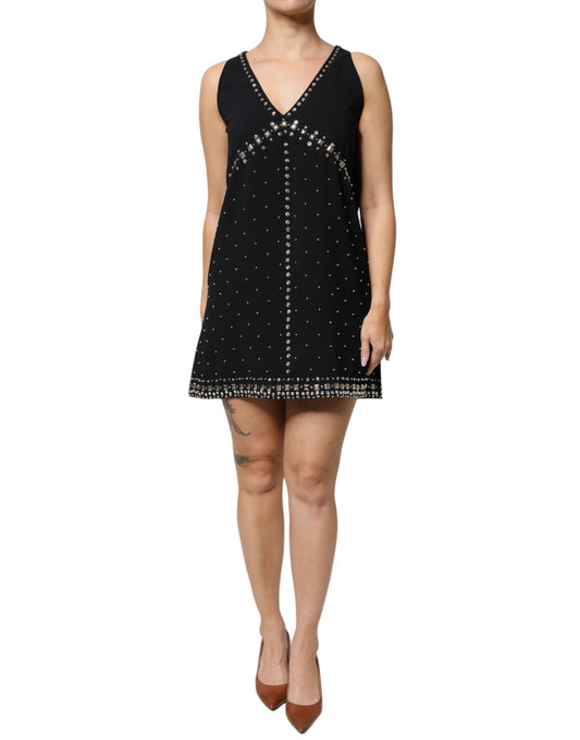 PINKO Schwarzes verschönertes ärmelloses A-Linien-Minikleid aus Polyester