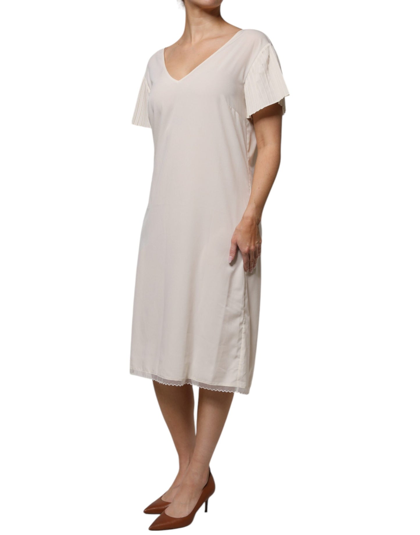 Peserico Weißes Midikleid mit kurzen Ärmeln und V-Ausschnitt